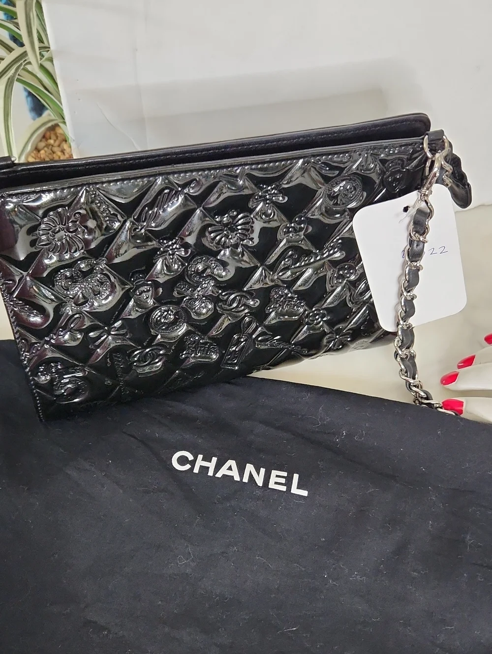 CHANEL Black Patent Quilted Floral Chain Wristlet